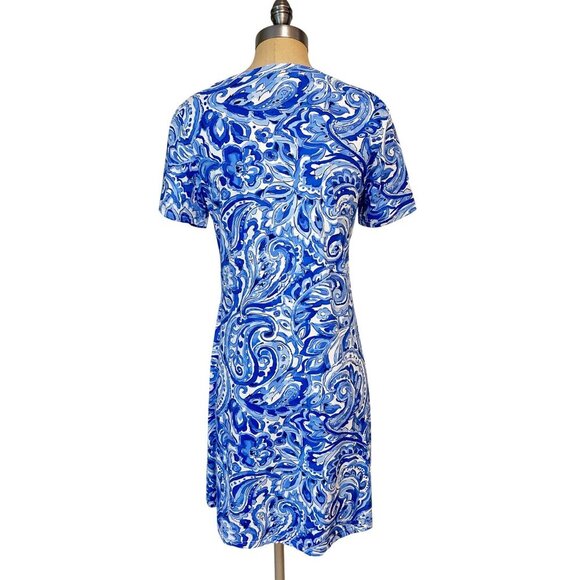 Barbara Gerwit Womens Blue & White Paisley Short Sleeve A-Line Dress Medium - Picture 3 of 5